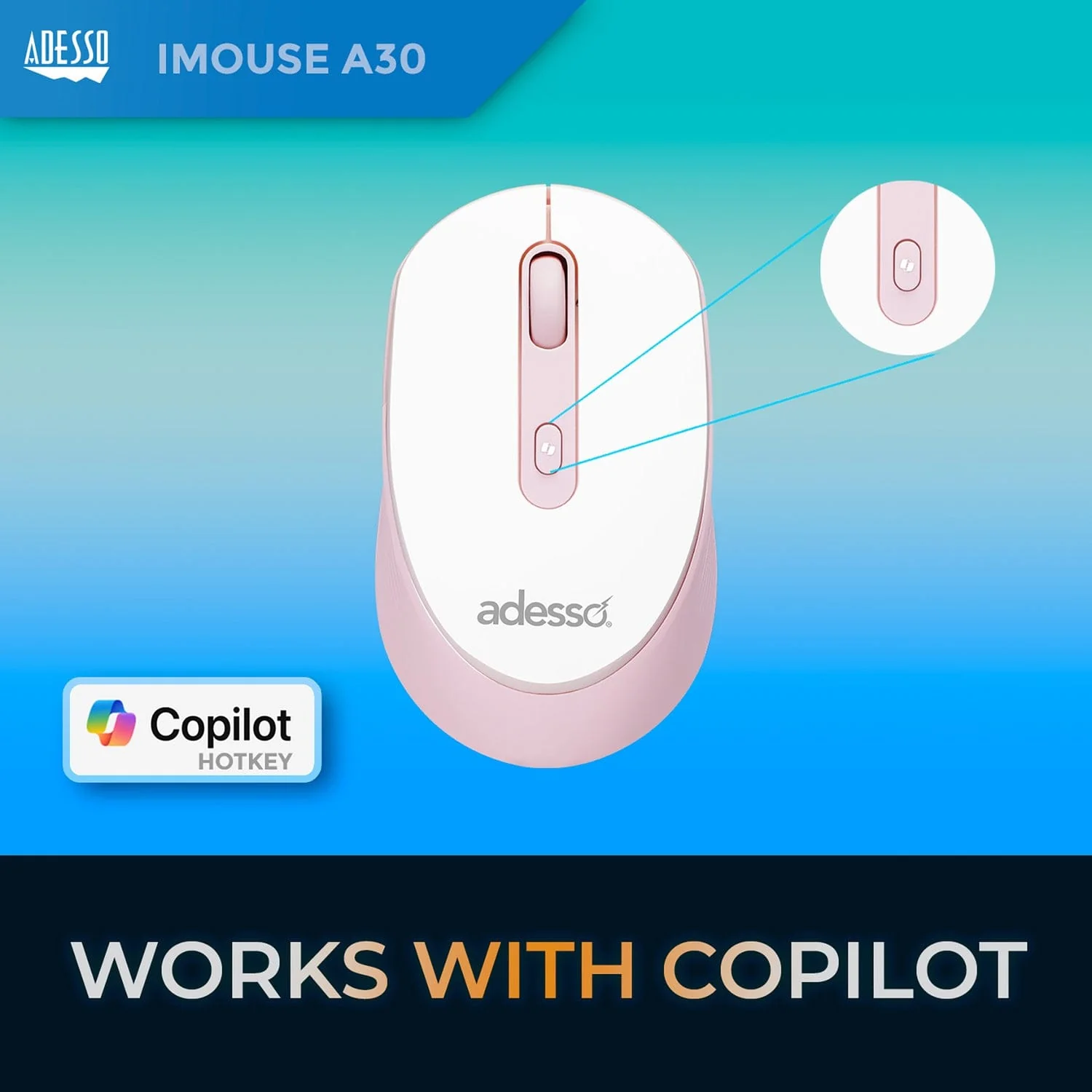 Adesso iMouse A30 Wireless Computer Mouse with AI Copilot Button, 4 Buttons, 1200 DPI, for PC and Mac, Pink - Image 4