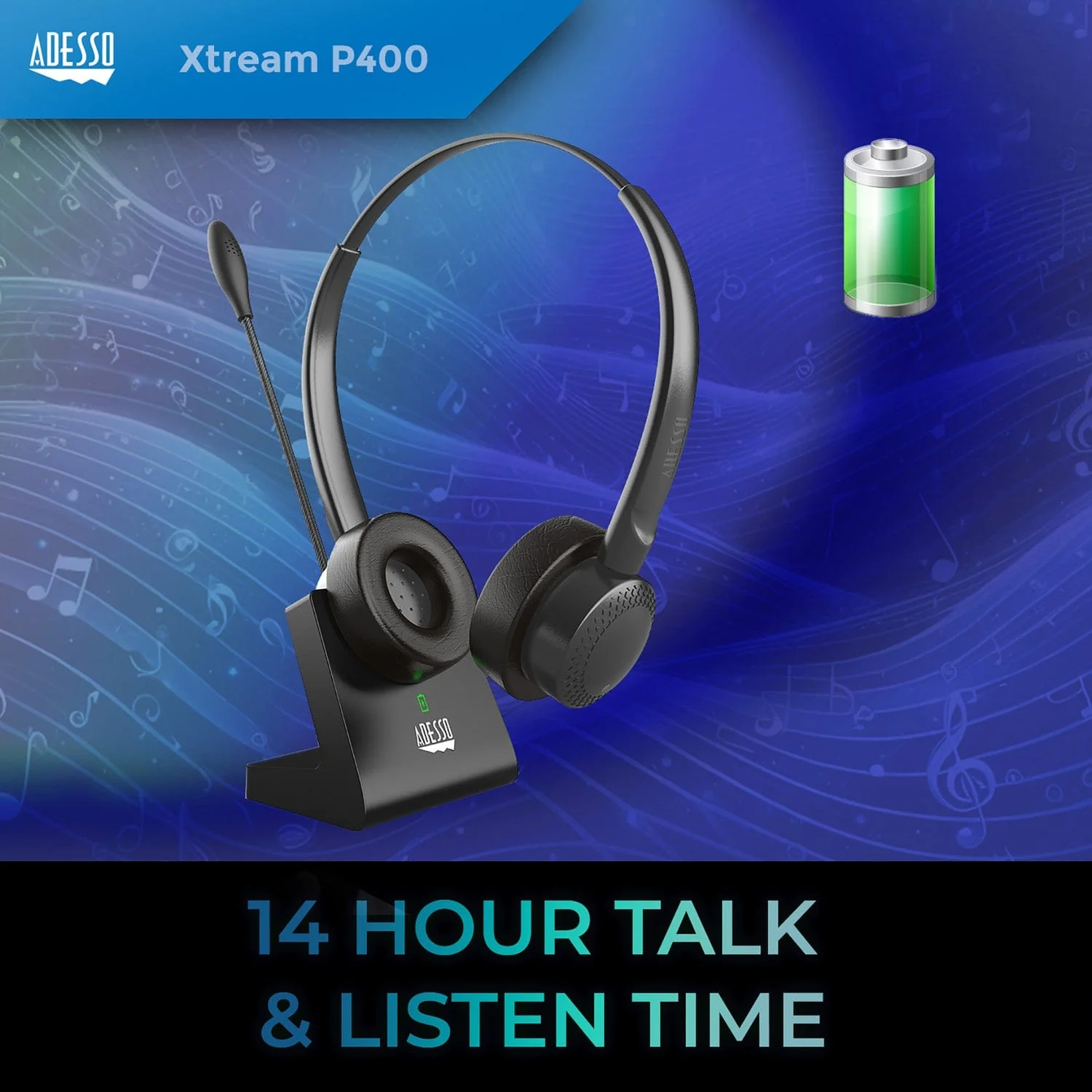 Adesso Xtream P400 Bluetooth Headset with Microphone and Charging Dock - Image 2