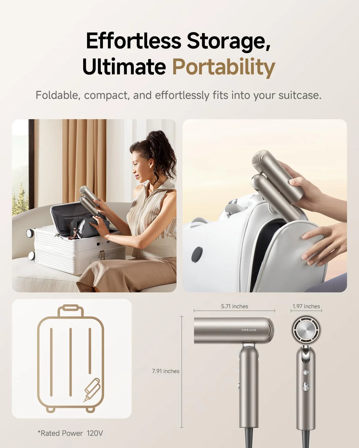 Dreame Pocket Pure High-Speed Hair Dryer, Lightweight Foldable Blow Dryer, 110000 RPM Motor, Ionic Care, 5 Modes, Travel Bag, Quiet Fast Drying - Image 2