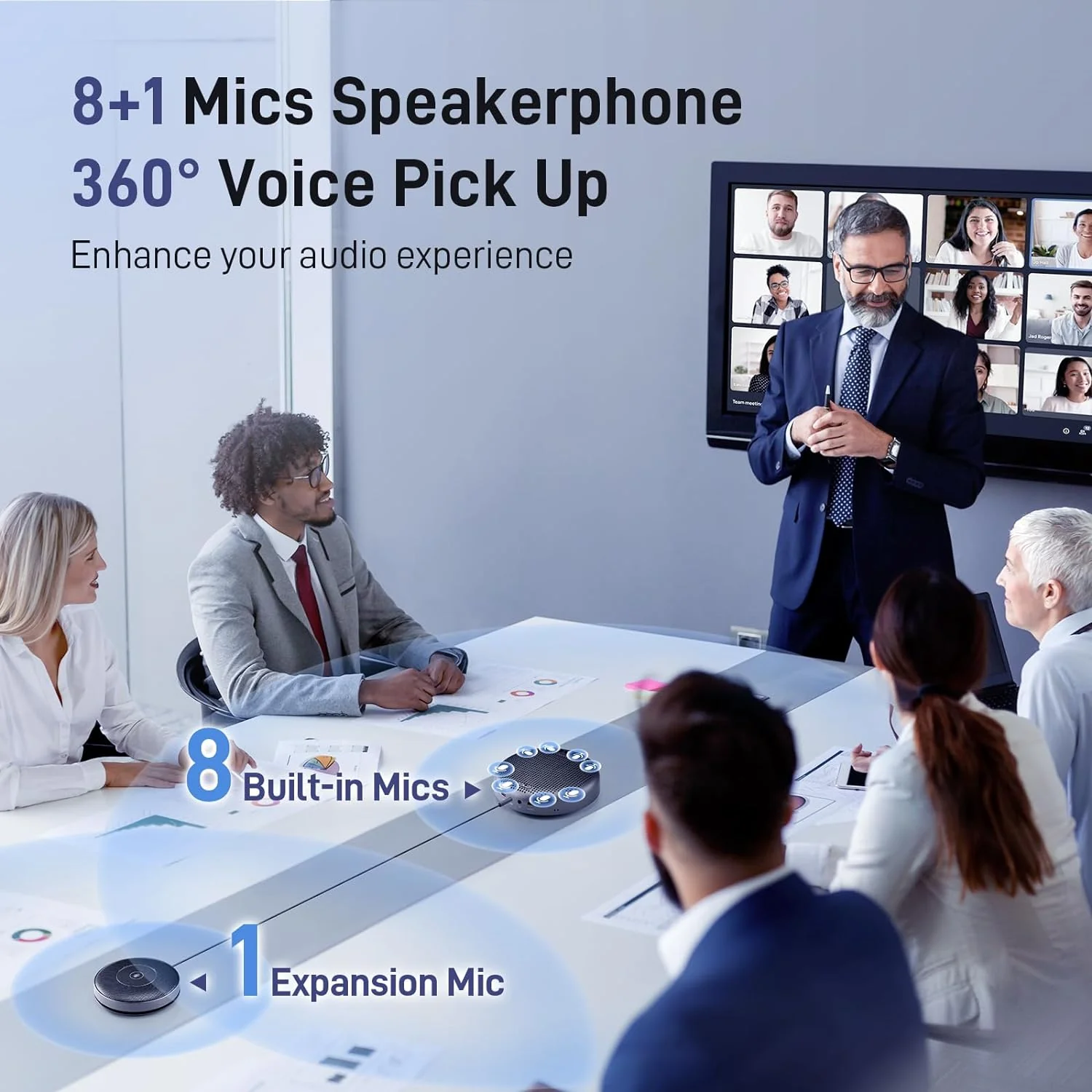 EMEET Luna Plus Speakerphone, 8 Noise Cancelling Mics, USB/Bluetooth/Dongle with Extra Extension Mic, Gray - Image 4