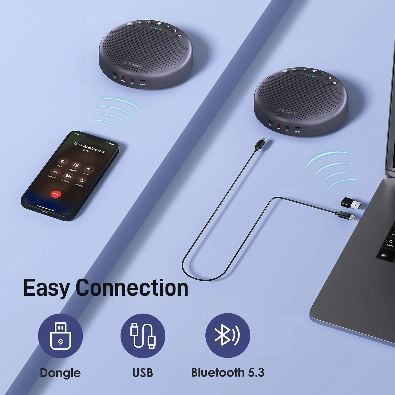 EMEET Luna Plus Speakerphone, 8 Noise Cancelling Mics, USB/Bluetooth/Dongle with Extra Extension Mic, Gray - Image 6
