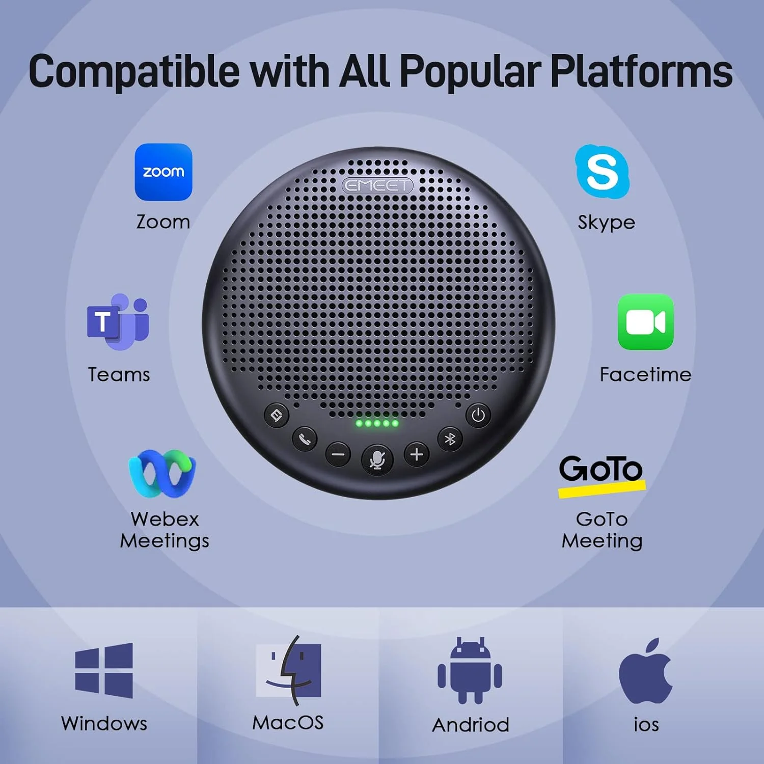 EMEET Luna Plus Speakerphone, 8 Noise Cancelling Mics, USB/Bluetooth/Dongle with Extra Extension Mic, Gray - Image 9