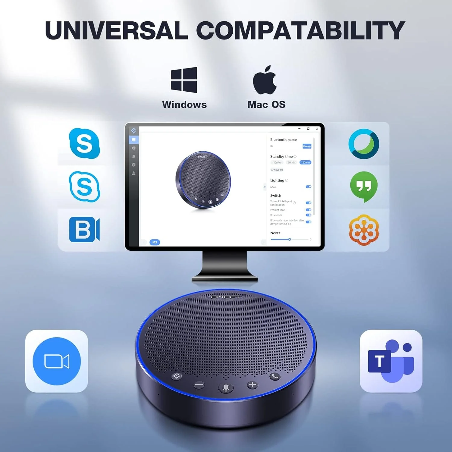 EMEET M3 Speakerphone, Zoom Certified, 4 Noise Cancelling Mics, USB/Bluetooth/Dongle, Gray - Image 9