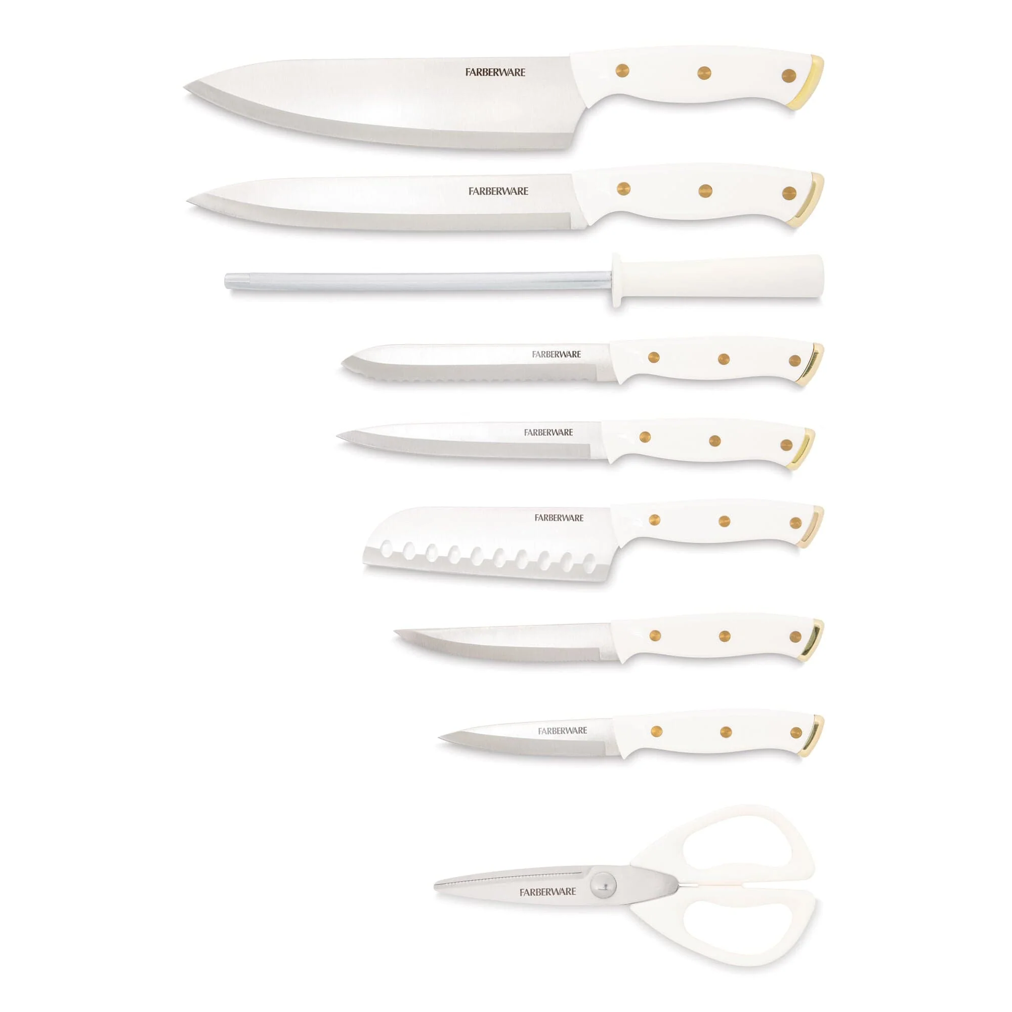 Farberware 15-Piece Triple Riveted Knife Block Set, High Carbon-Stainless Steel Kitchen Knives, Razor-Sharp Knife Set with Wood Block, White and Gold - Image 2