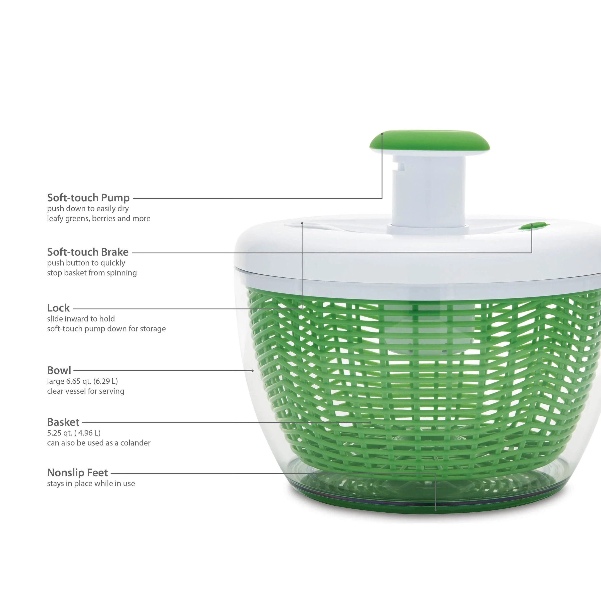 Farberware Pro Pump Salad Spinner with bowl, colander + built in draining system, Large 6.6 quart, Green - Image 2