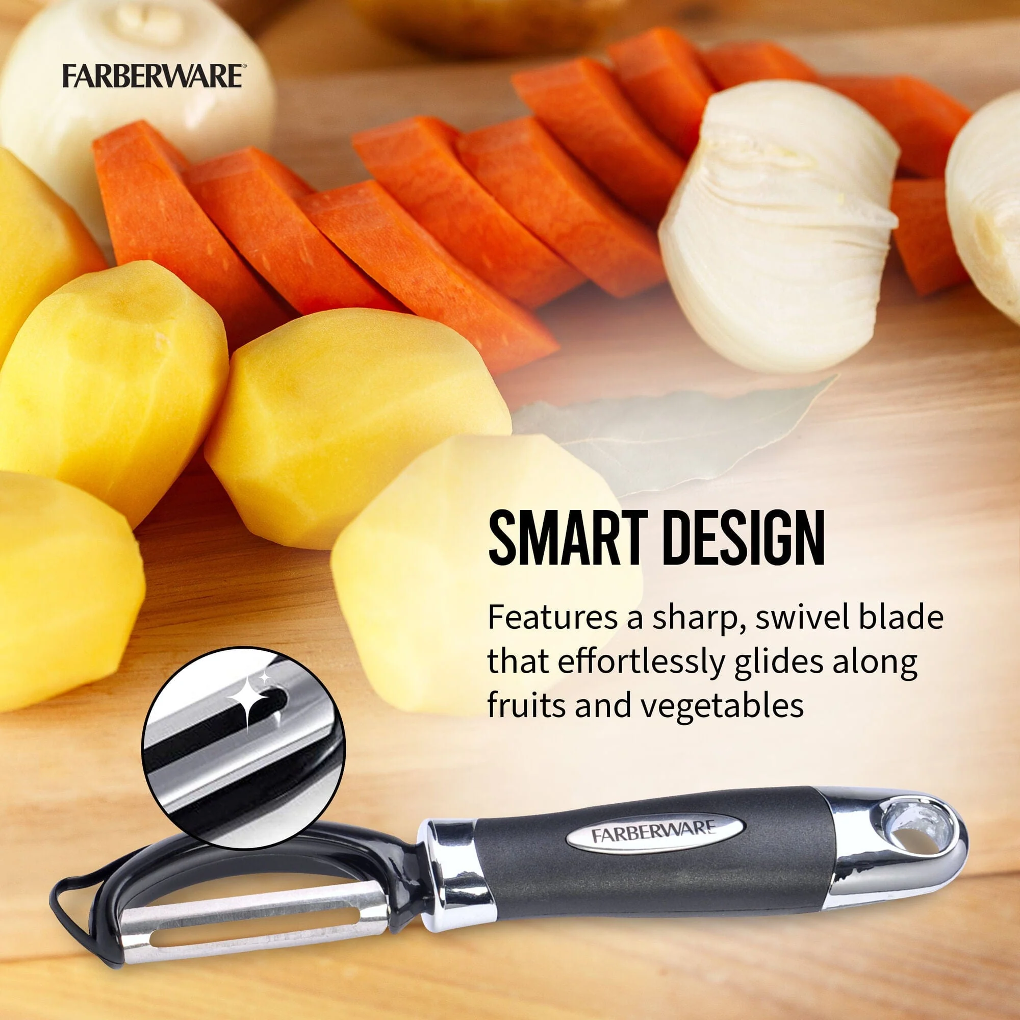 Farberware Euro Peeler, Kitchen Essential for Peeling of Produce, Chocolate + Cheeses, Hang-Hole for Easy Storage, Dishwasher Safe, Black - Image 2