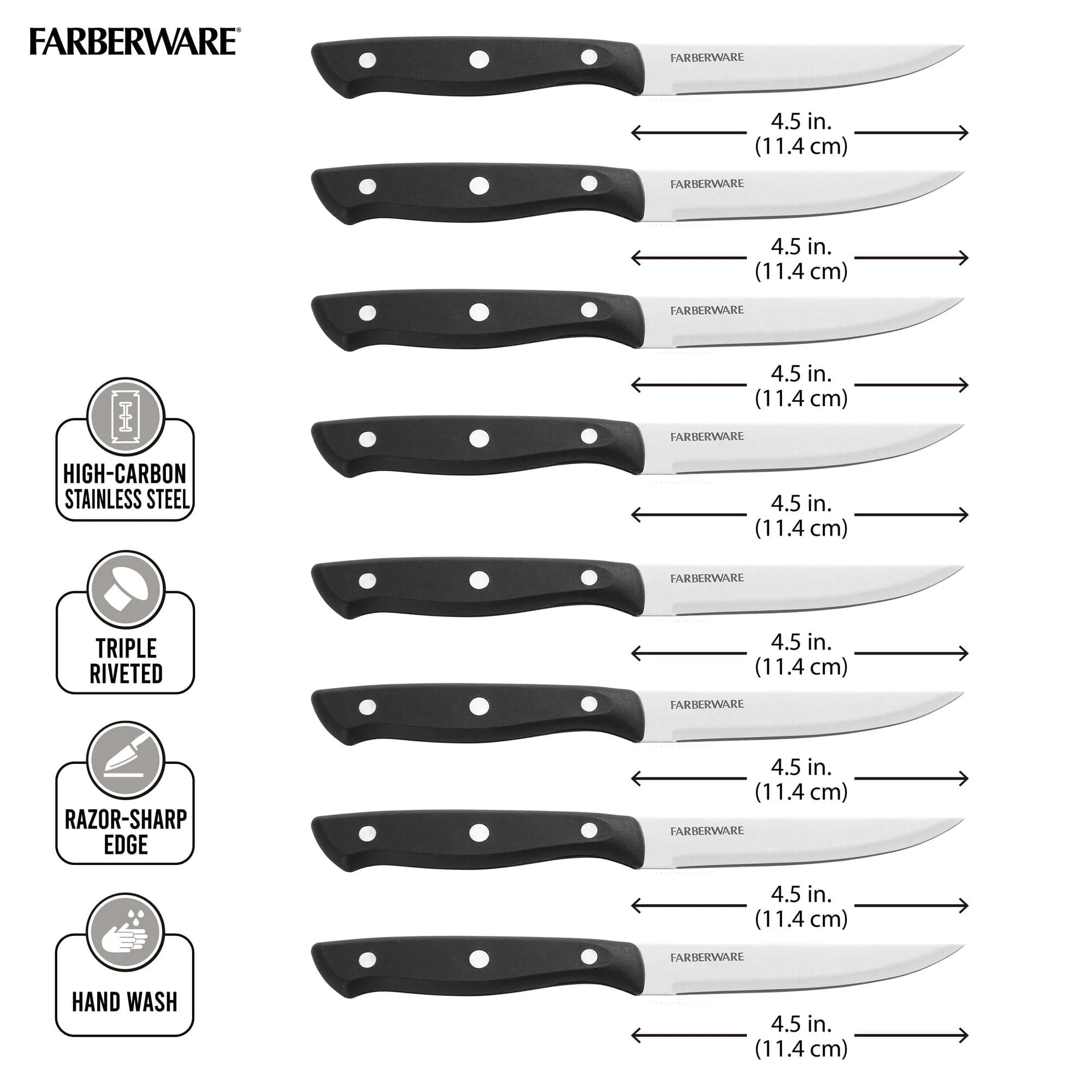Farberware Full-Tang Triple-Riveted 8-Piece Steak Knife Set, High-Carbon Stainless Steel, Ergonomic Handles, Black - Image 2