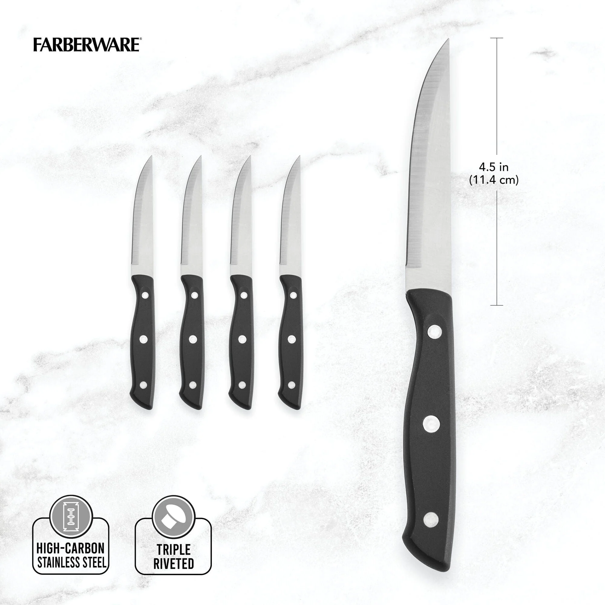 Farberware Triple-Riveted 4-Piece Steak Knife Set, High-Carbon Stainless Steel, Razor-Sharp Knives, Kitchen Knives, Set of 4, Black - Image 2