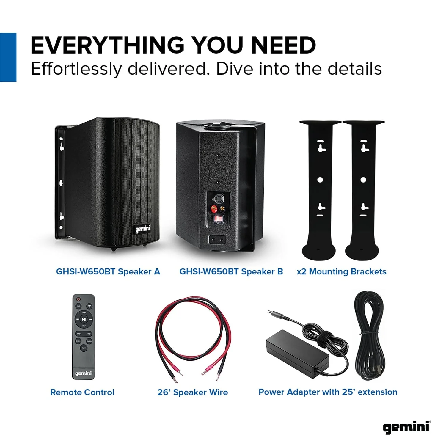 Gemini GHSI Series GHSI-W650BT-PR Outdoor Bluetooth 300-Watt-Peak Outdoor Speaker Set with Mounting Brackets and Remote, 2 Count, Black - Image 4
