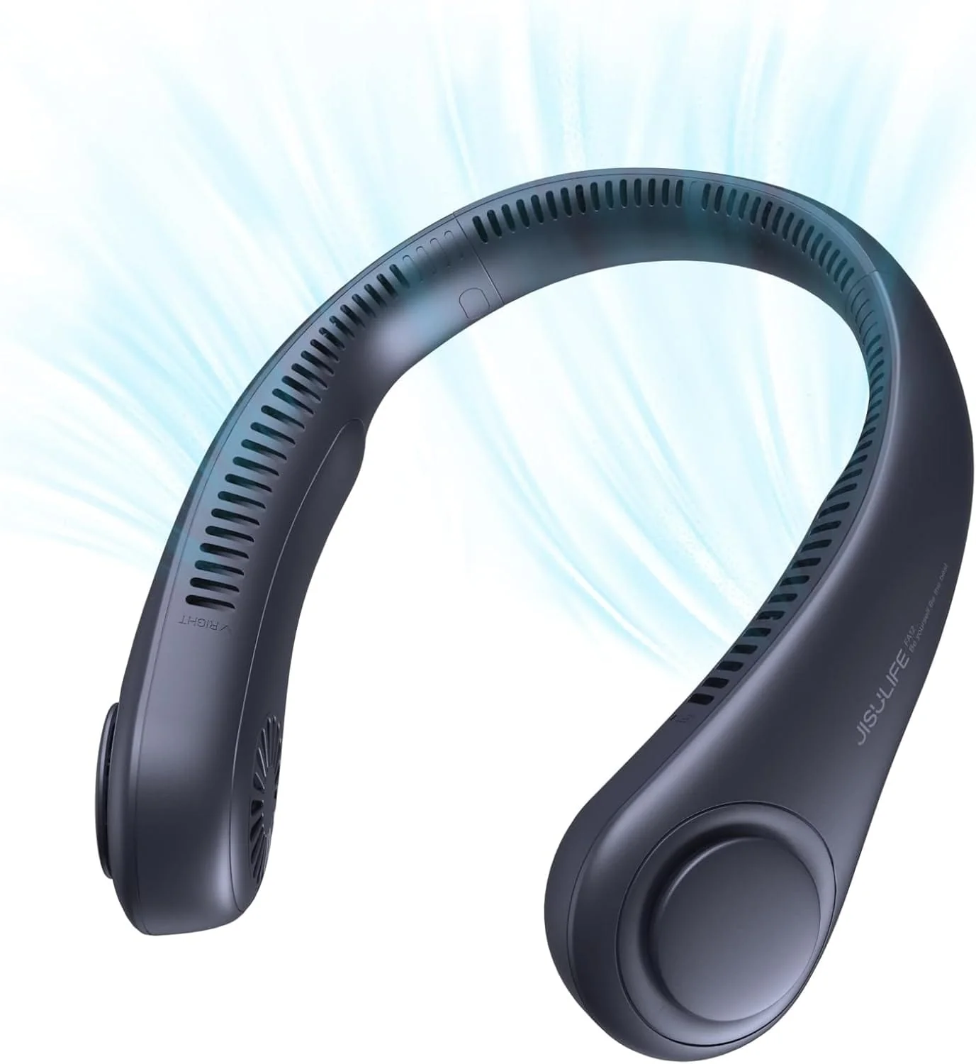 JisuLife Portable Neck Fan, Hands-Free Bladeless, 5-Speed, Wearable Personal Fan, Twistable, Rechargeable, Dark Grey/Blue - Image 2