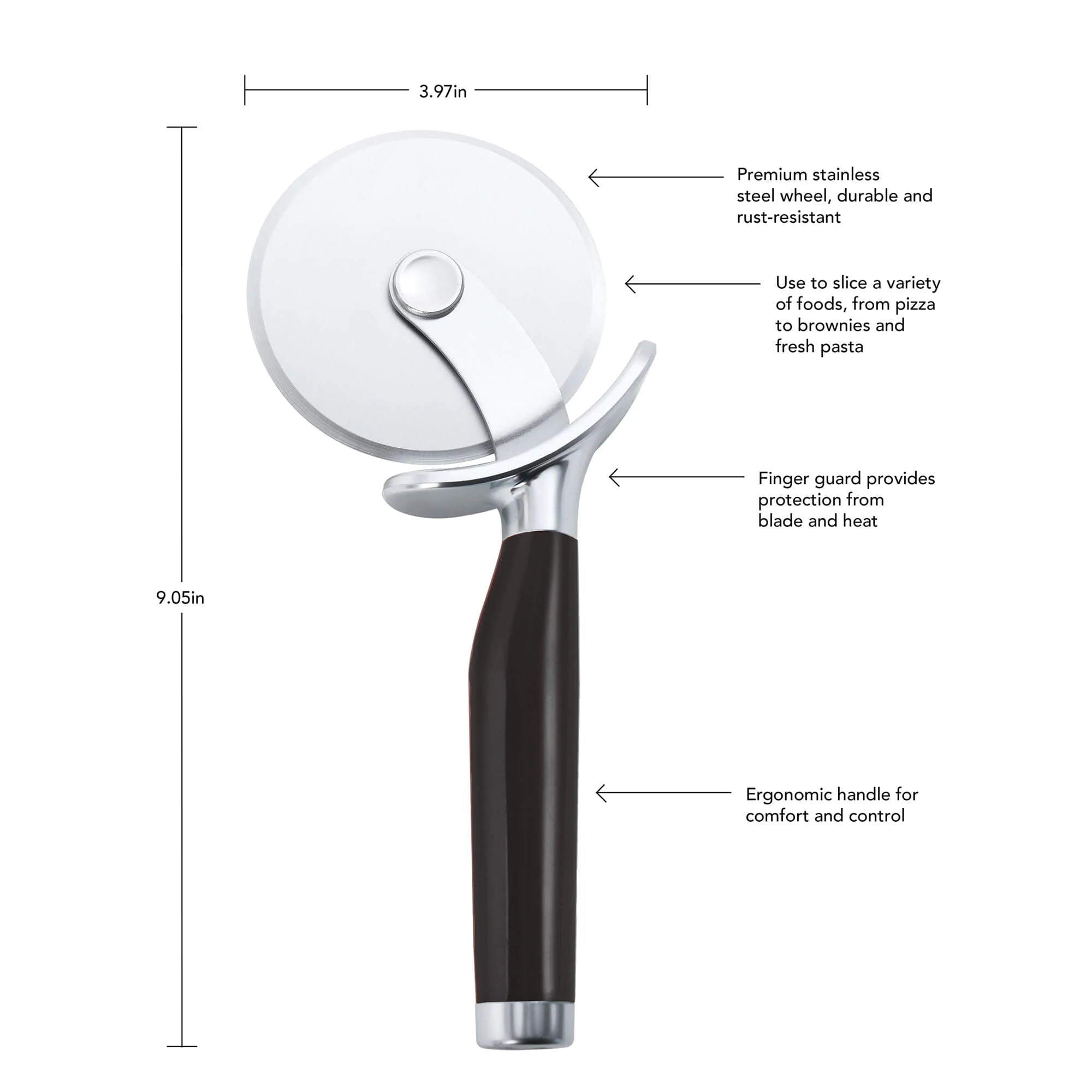 KitchenAid Classic Pizza Wheel with Sharp Blade For Cutting Through Crusts, Pies and More, Built In Finger Guard for Safety and Comfort Grip to Protect Fingers, Dishwasher Safe, 9-Inch, Black - Image 3