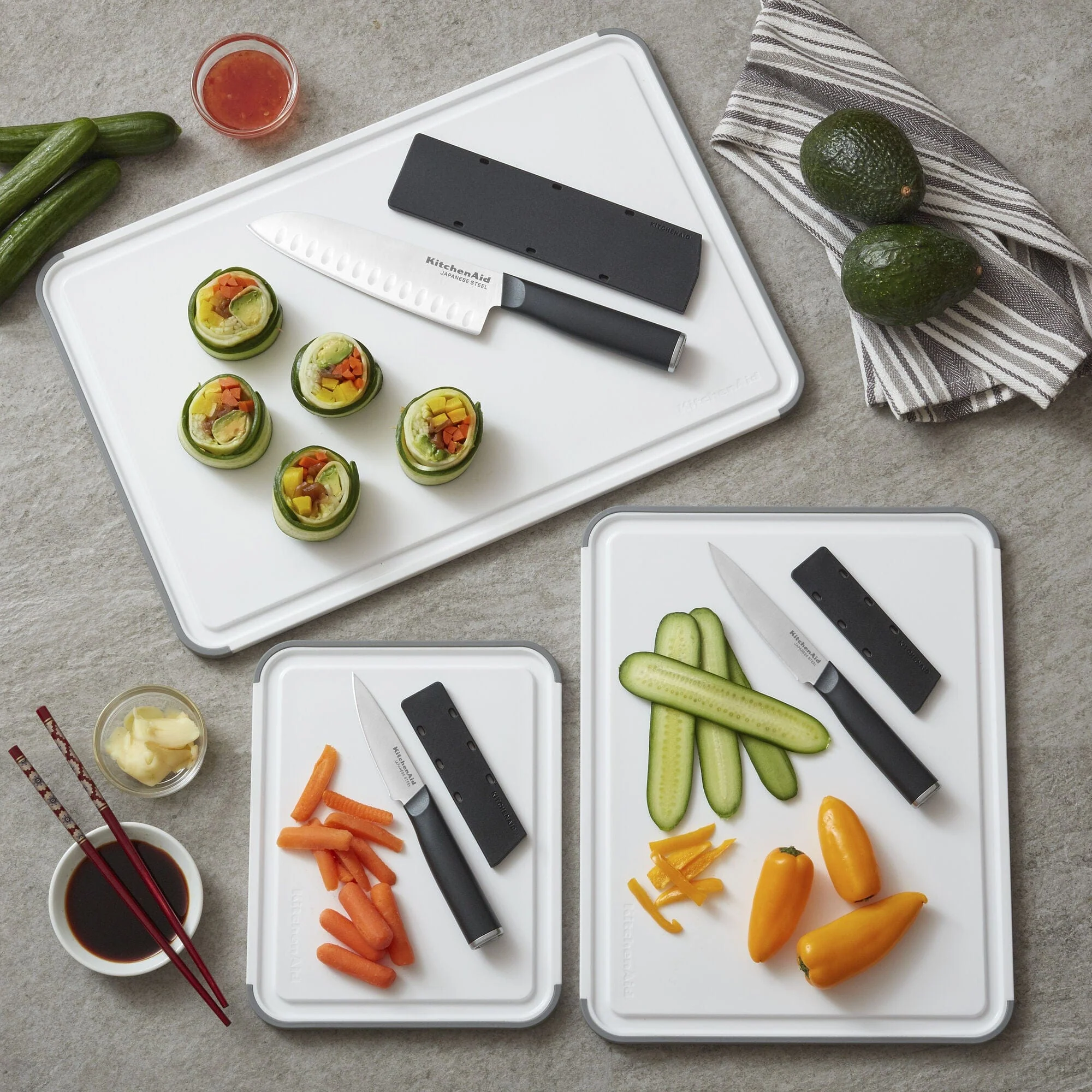 KitchenAid Classic Plastic Cutting Board, Perimeter Trench, Non Slip Edges, Dishwasher Safe, 12x18in, White and Gray - Image 2