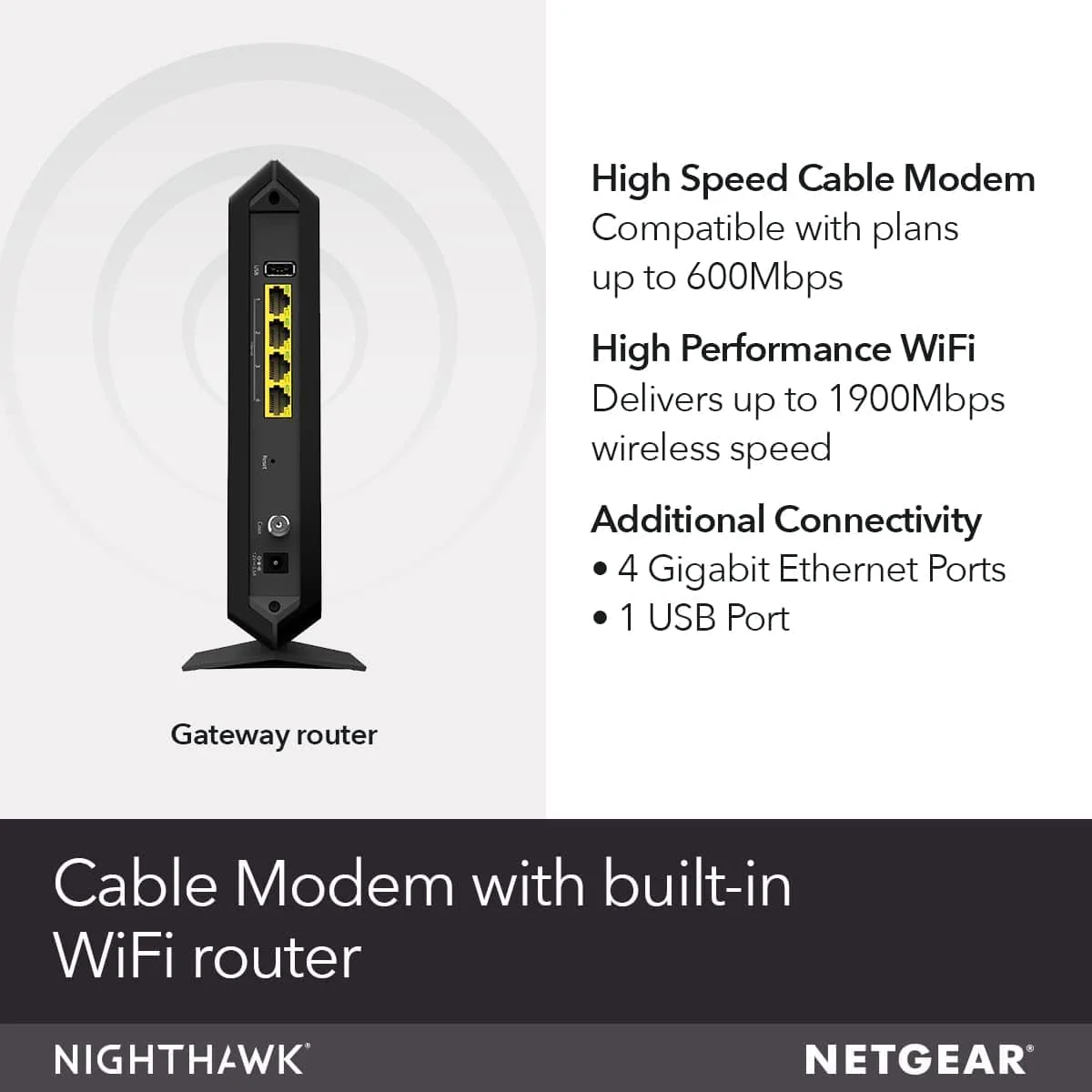 Netgear C7000 Nighthawk AC1900 2-in-1 CableLabs DOCSIS 3.0 Cable Modem + WiFi Router - Certified Refurbished - Image 4