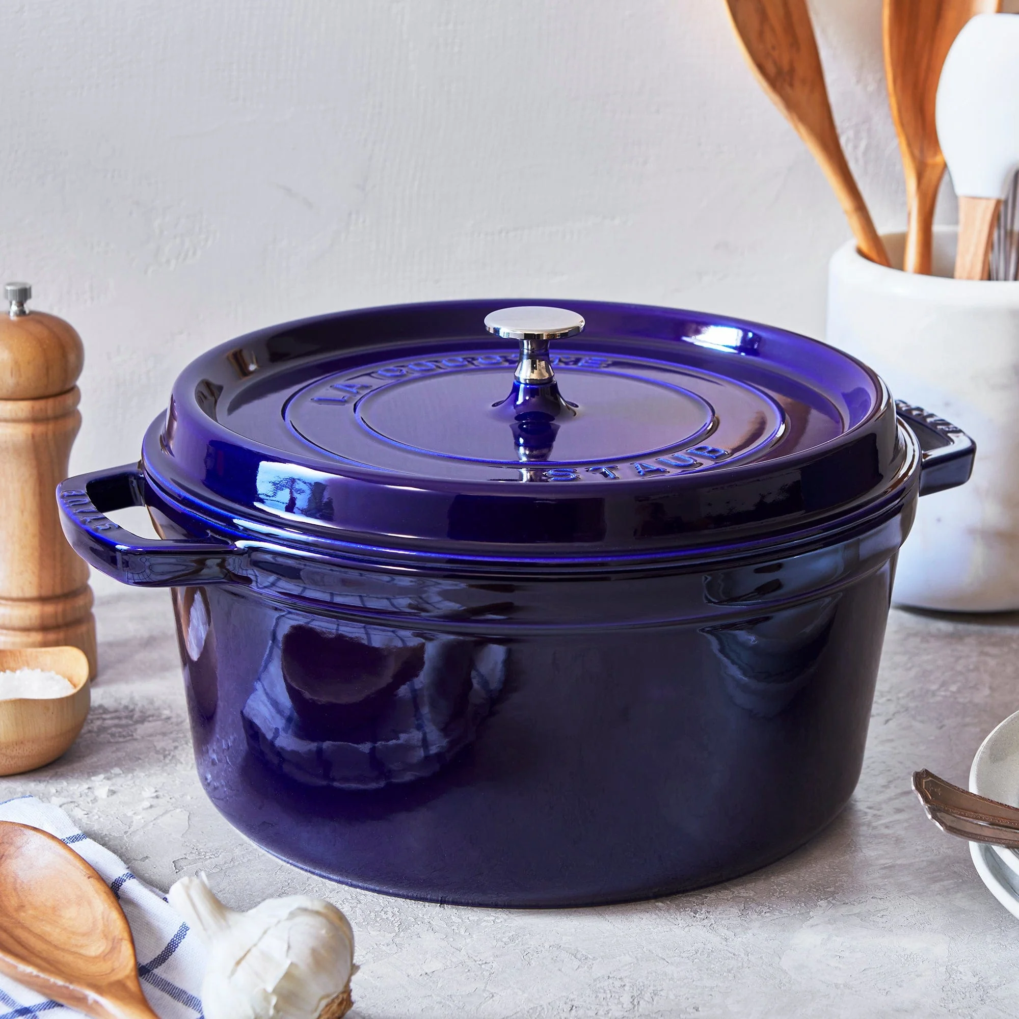 Staub Cast Iron 7-qt Round Cocotte, Dutch Oven - Dark Blue - Image 2
