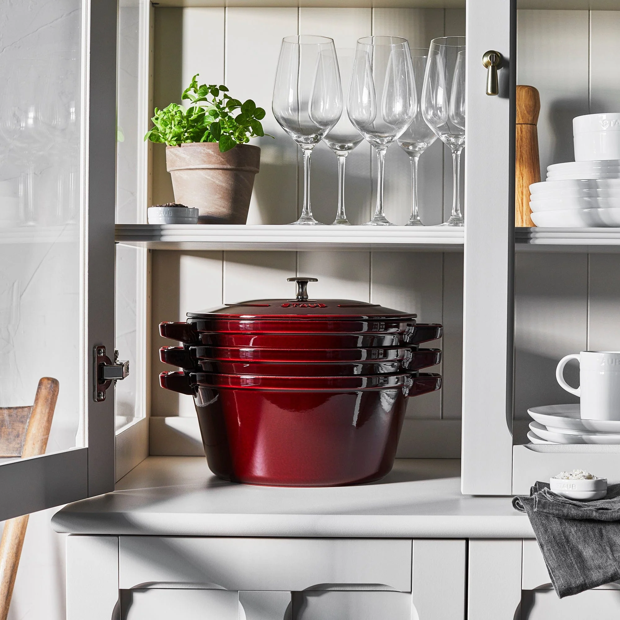 Staub Cast Iron Set 4-pc, Stackable Space-Saving Cookware Set, Dutch Oven with Lid, Grenadine - Image 2