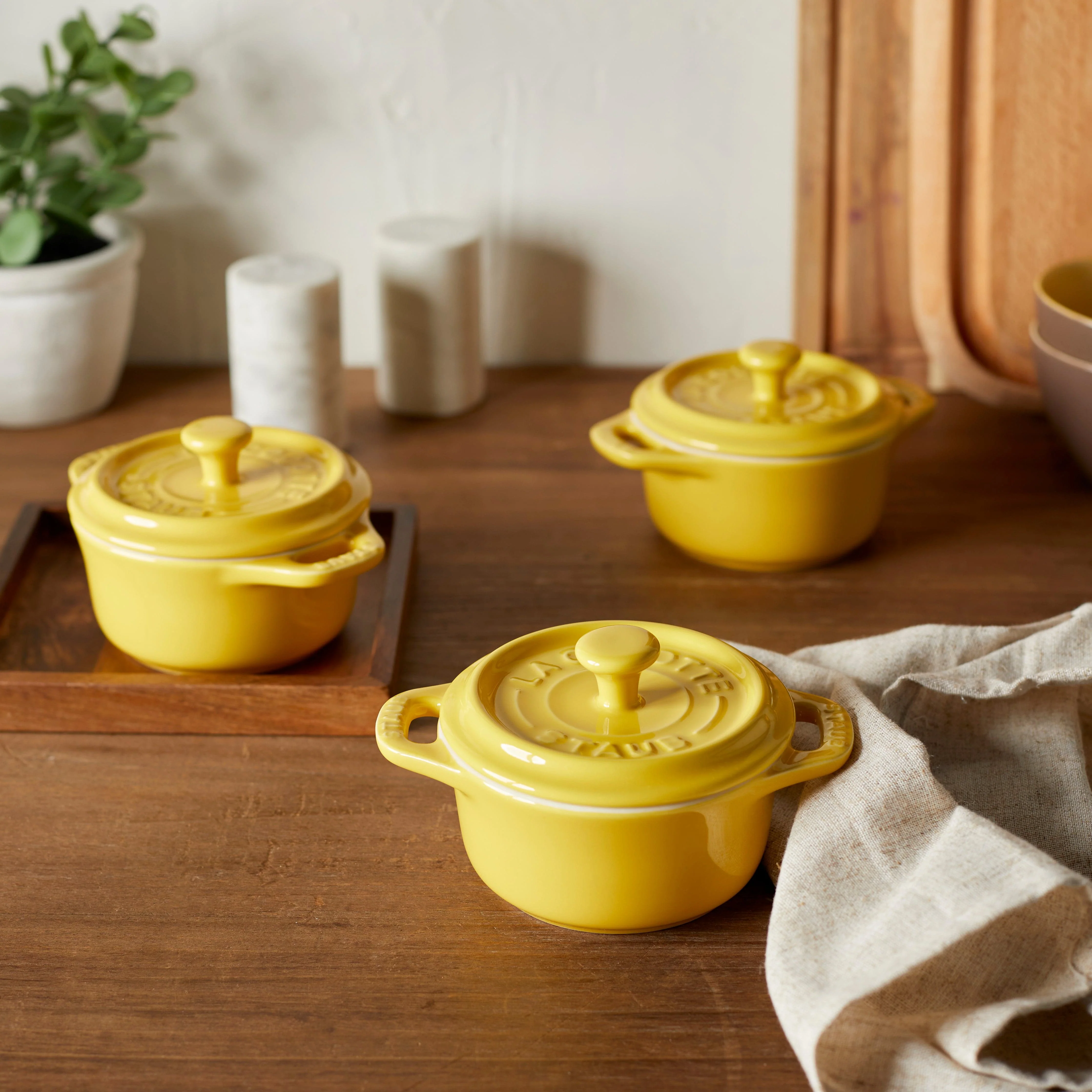 Staub Ceramic 3-pc Mini Round Cocotte Set - Citron - Image 2