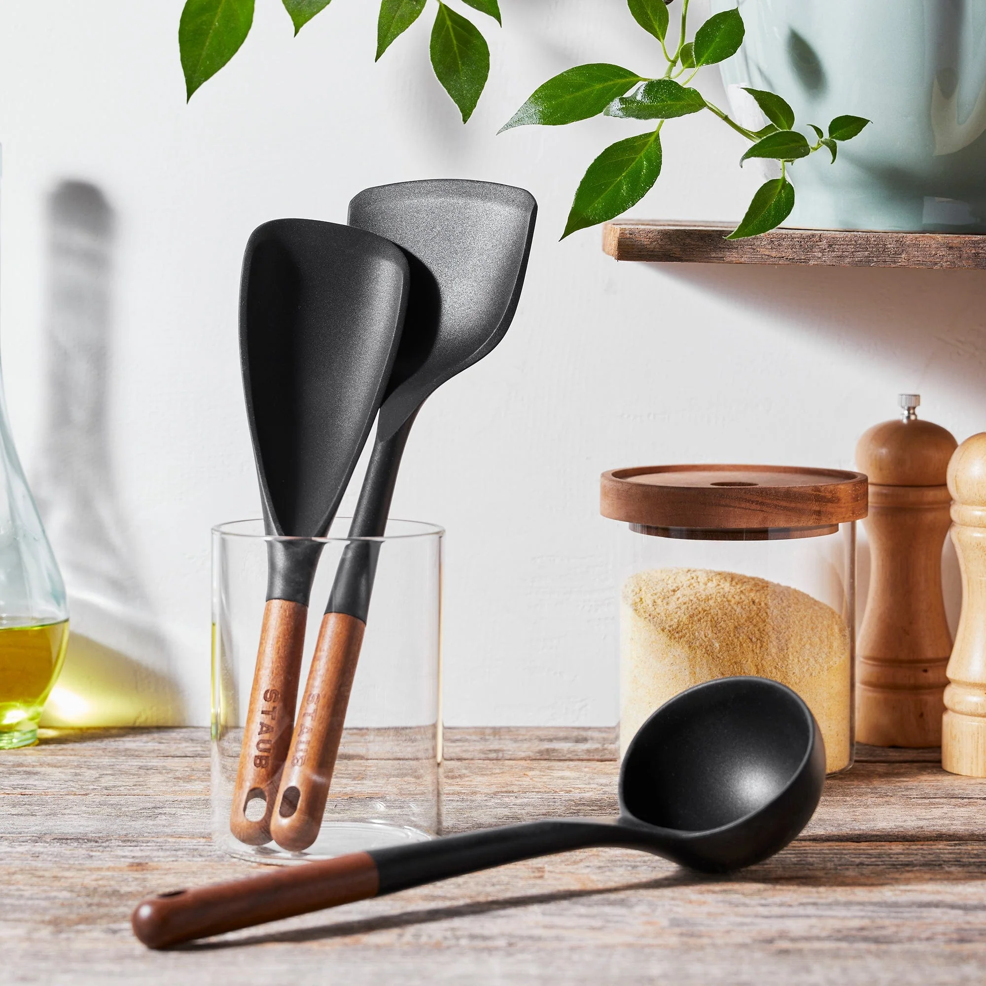 Staub Silicone 3-piece Cooking Utensil Set, with Spatula, Ladle and Wok Turner, BPA-Free with Wood Handles - Image 2