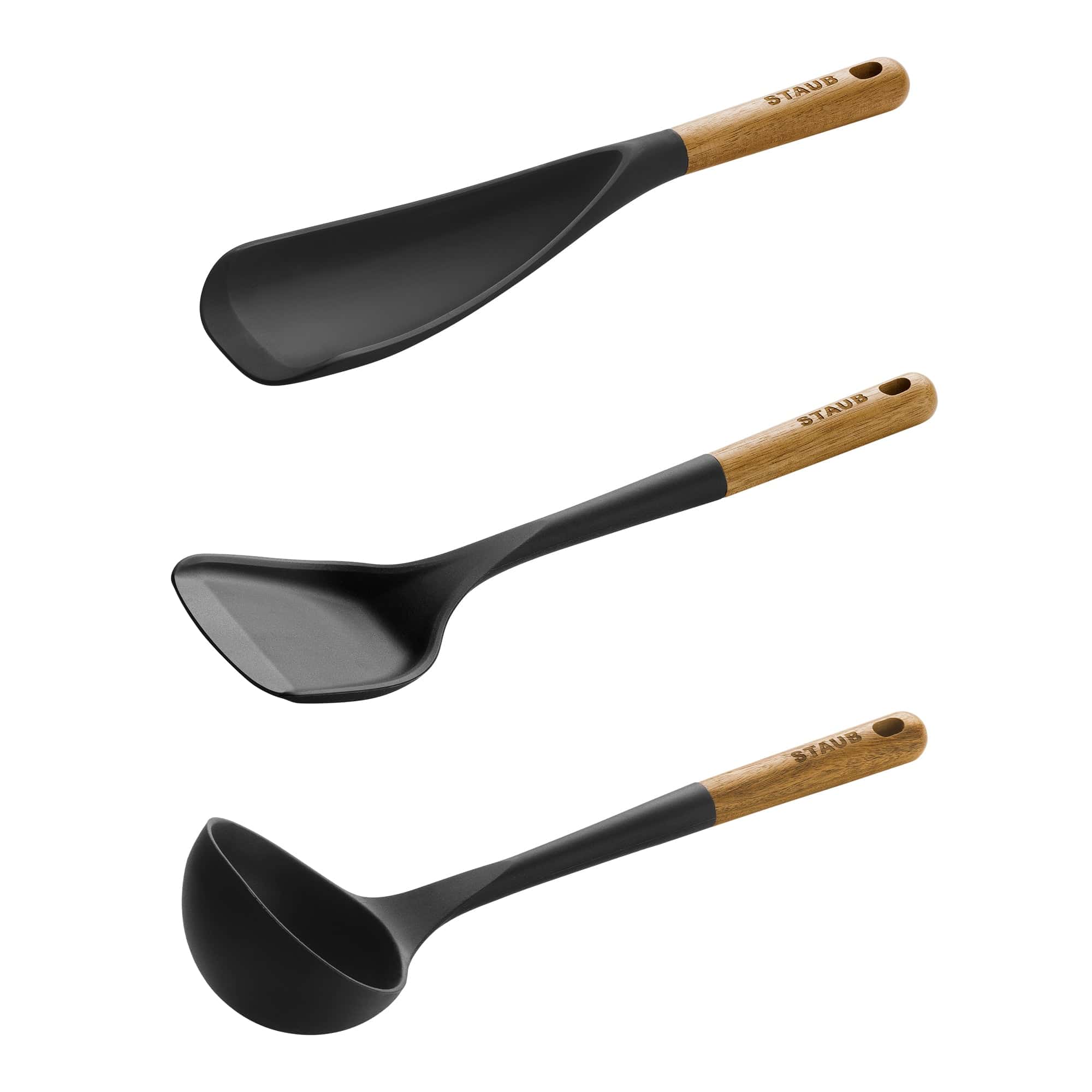 Staub Silicone 3-piece Cooking Utensil Set, with Spatula, Ladle and Wok Turner, BPA-Free with Wood Handles - Image 3