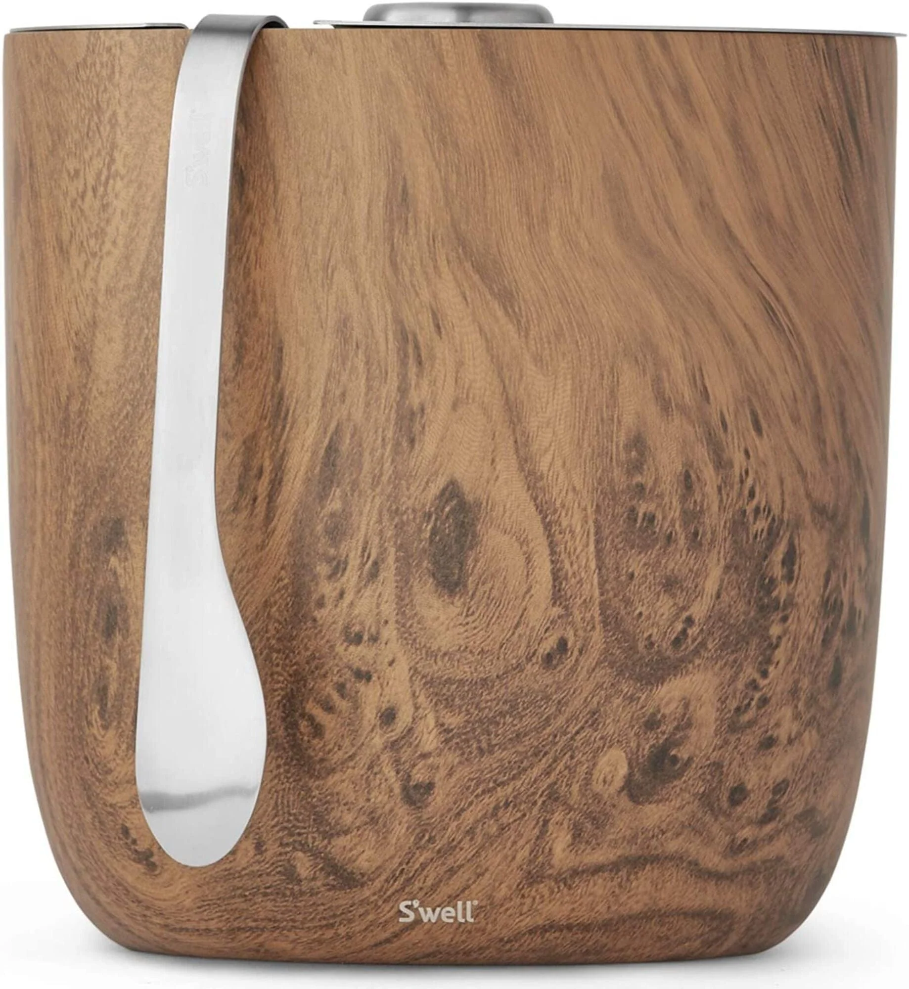 S'well Stainless Steel Ice Bucket Barware with Tongs, Teakwood, Triple Layered Vacuum Insulated Container, BPA Free