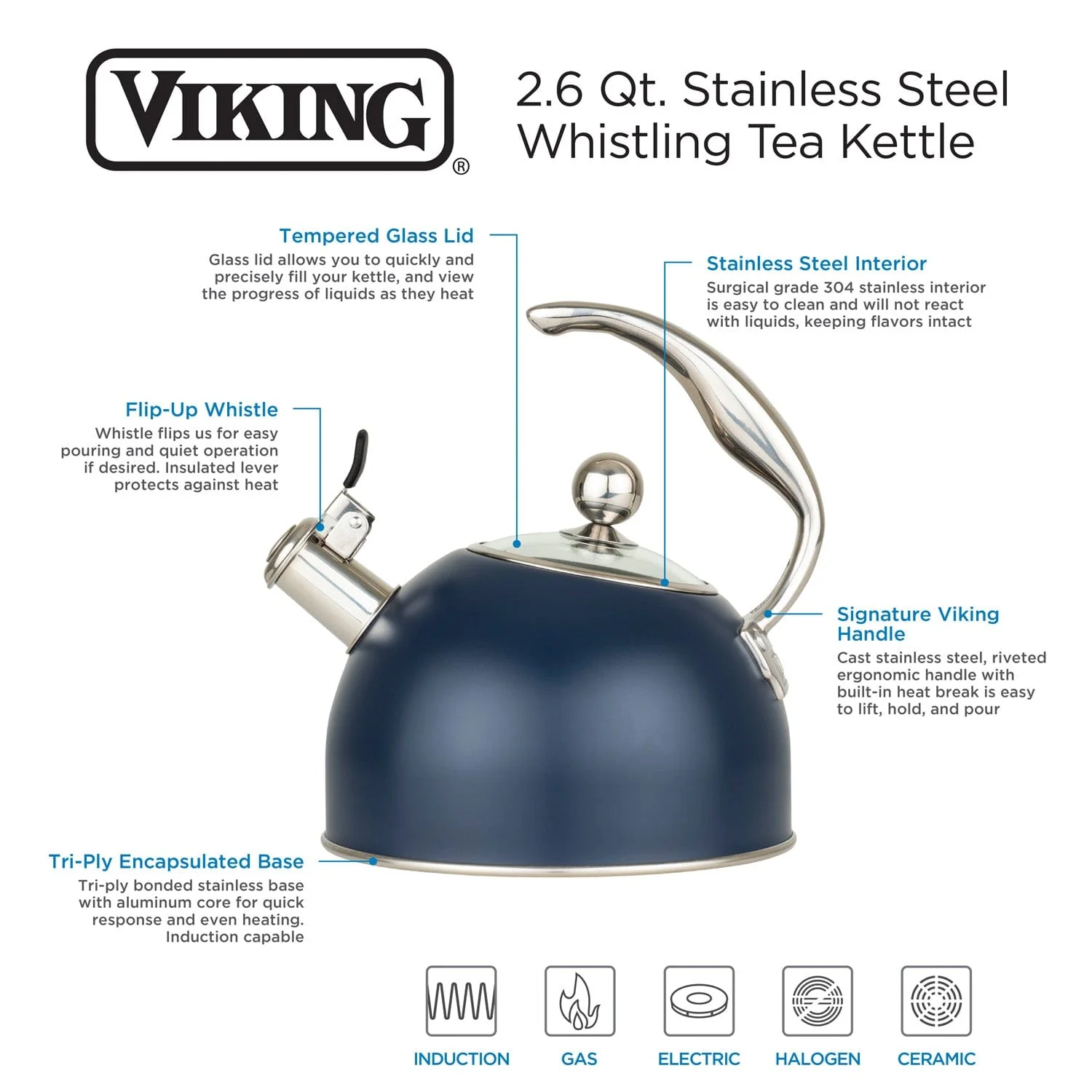 Viking 2.6-qt Stainless Steel Whistling Kettle with 3-Ply Base, Blue - Image 5