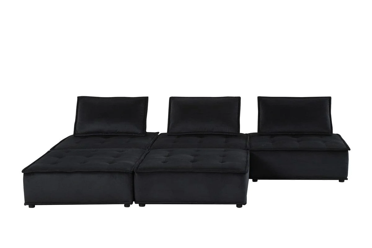 Willow & Hearth Anna 120"W Black Velvet 5 Pc Sectional Sofa Ottoman - Image 2