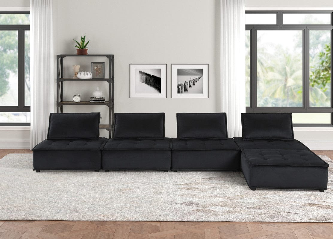 Willow & Hearth Anna 120"W Black Velvet 5 Pc Sectional Sofa Ottoman - Image 3