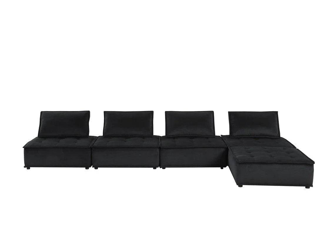 Willow & Hearth Anna 120"W Black Velvet 5 Pc Sectional Sofa Ottoman - Image 4