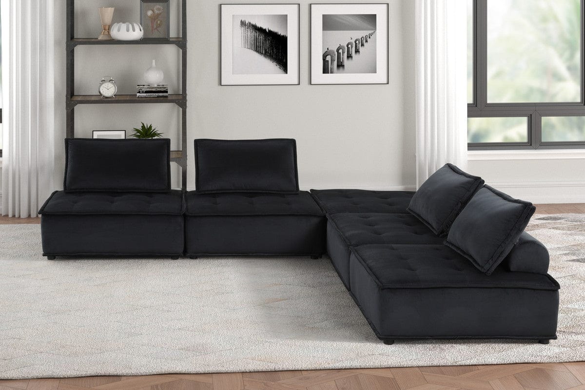 Willow & Hearth Anna 120"W Black Velvet 5 Pc Sectional Sofa Ottoman - Image 5