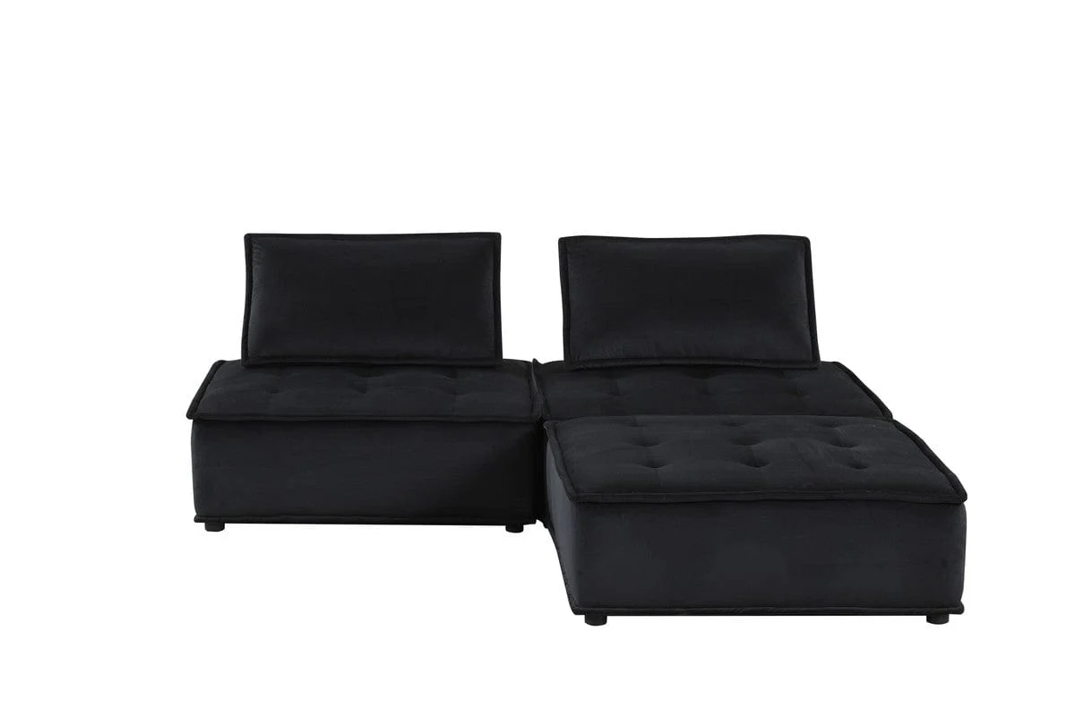 Willow & Hearth Anna 80"W Black Velvet 3 Pc Sectional Sofa Ottoman - Image 2