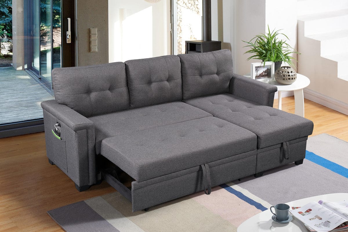 Willow & Hearth Ashlyn 84"W Dark Gray Reversible Sleeper Sectional Sofa with Storage Chaise, USB Charging Ports and Pocket - Image 3