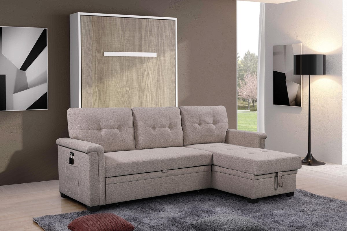 Willow & Hearth Ashlyn 84"W Light Gray Reversible Sleeper Sectional Sofa with Storage Chaise, USB Charging Ports and Pocket