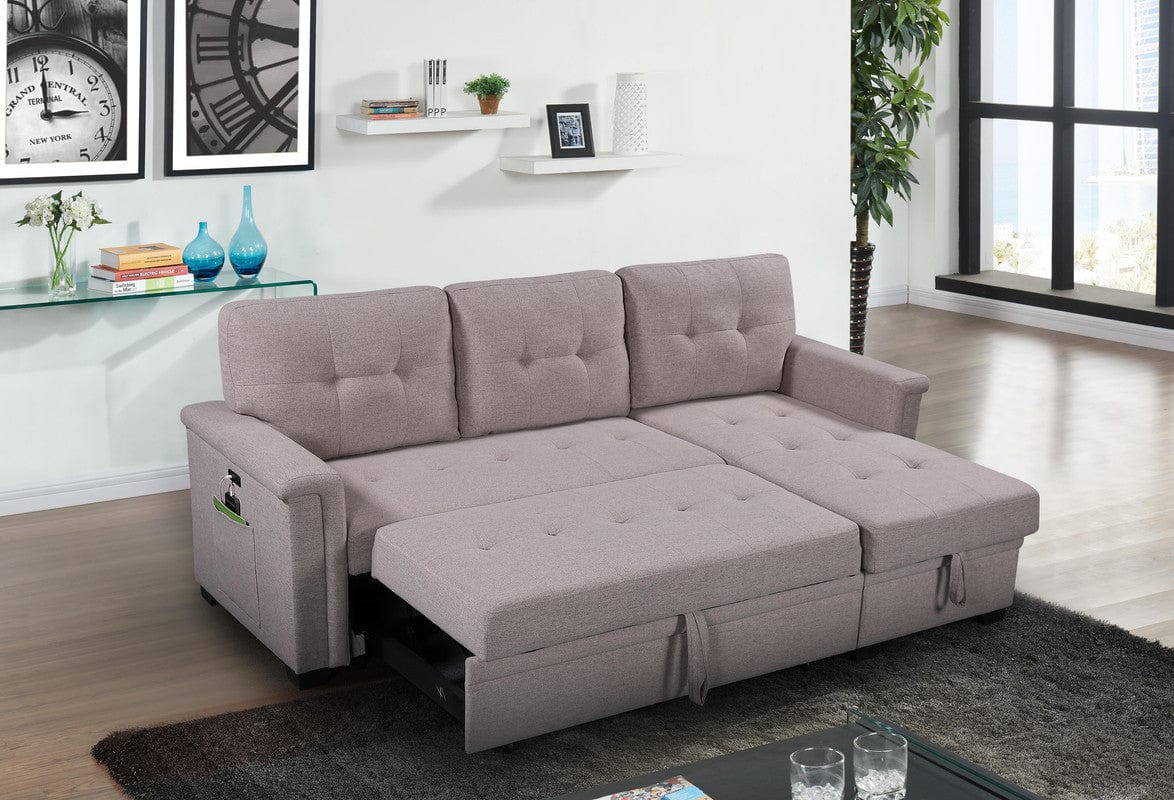Willow & Hearth Ashlyn 84"W Light Gray Reversible Sleeper Sectional Sofa with Storage Chaise, USB Charging Ports and Pocket - Image 3