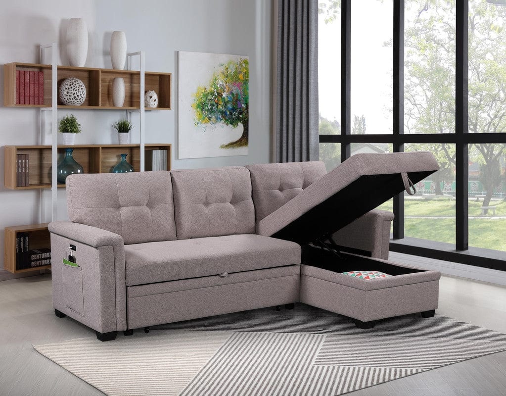 Willow & Hearth Ashlyn 84"W Light Gray Reversible Sleeper Sectional Sofa with Storage Chaise, USB Charging Ports and Pocket - Image 4