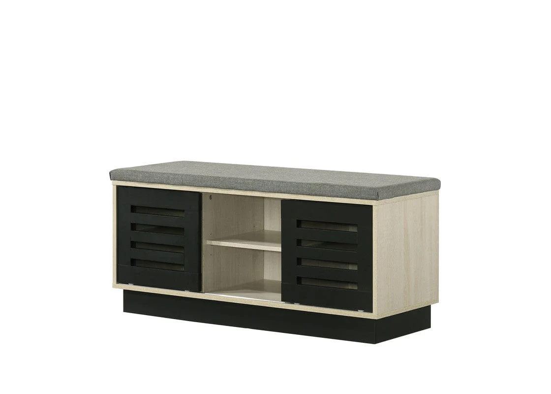 Willow & Hearth Brett 38.5"W Oak Finish Shoe Cabinet with Sliding Doors, Upholstered Top - Image 2