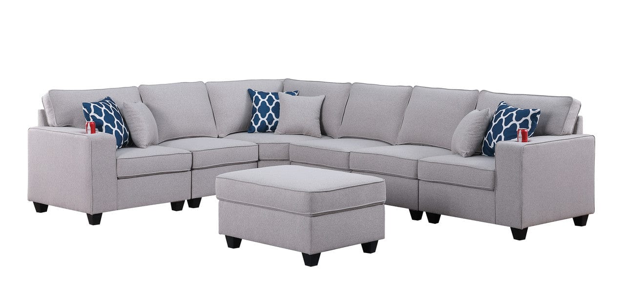 Willow & Hearth Cooper 125"W Light Gray Linen 7Pc Reversible L-Shape Sectional Sofa with Ottoman and Cupholder - Image 4