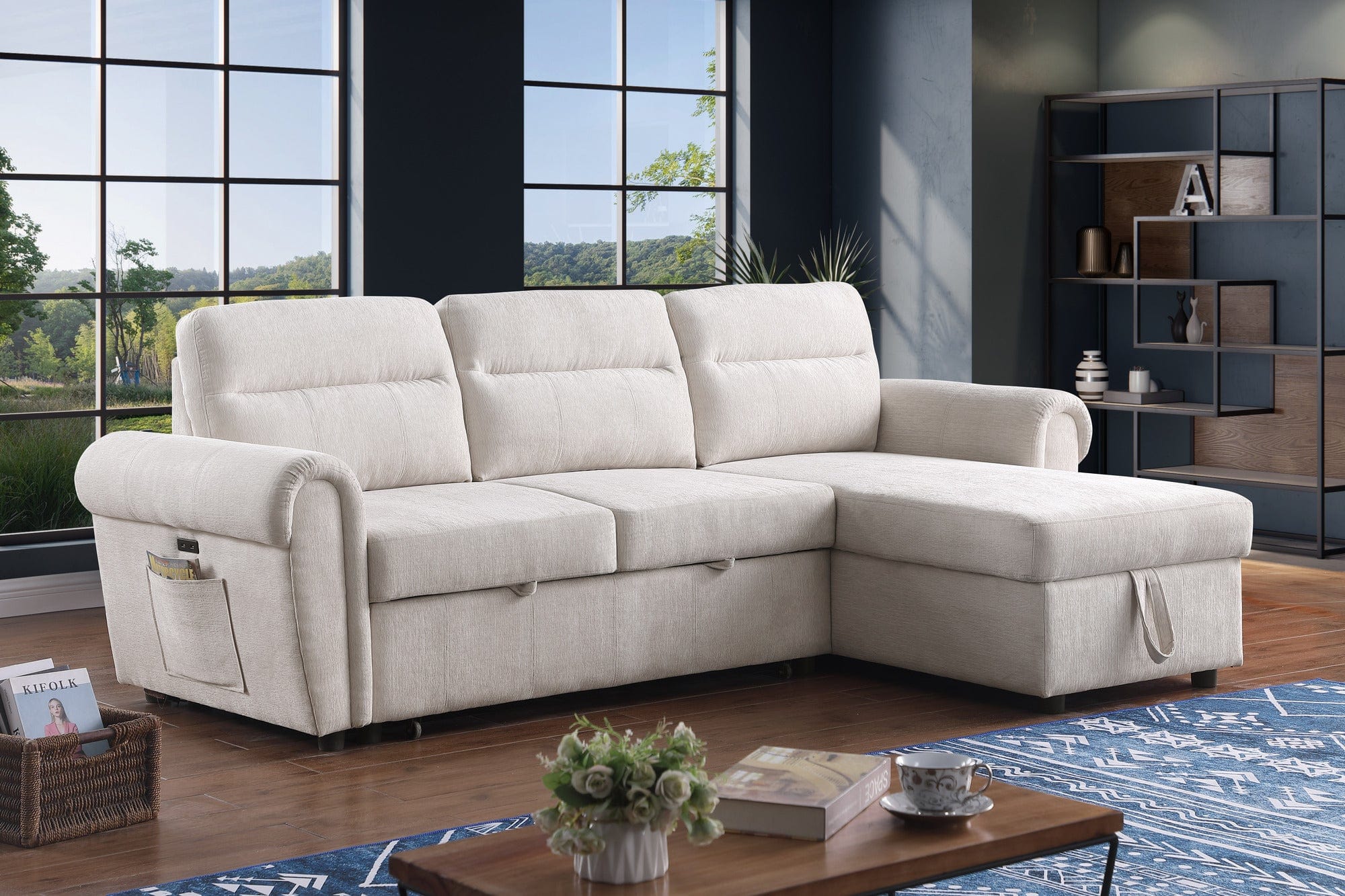 Willow & Hearth Hugo 97"W Beige Chenille Reversible Sleeper Sectional Sofa Chaise with USB Charger - Image 4