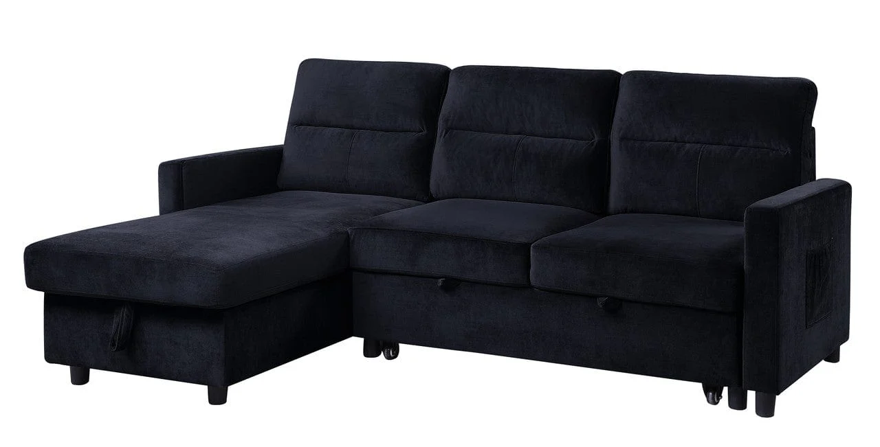 Willow & Hearth Ivy 81.5"W Black Velvet Reversible Sleeper Sectional Sofa with Storage Chaise and Side Pocket - Image 2