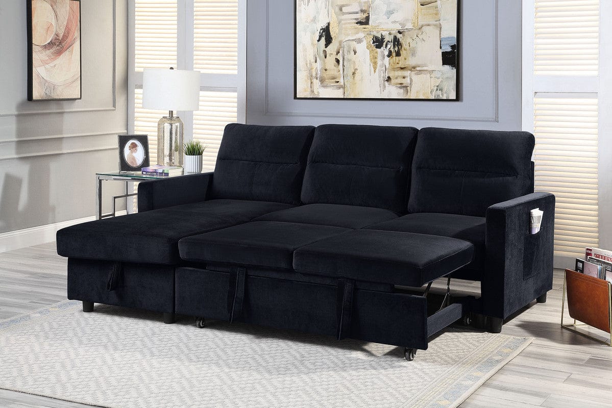 Willow & Hearth Ivy 81.5"W Black Velvet Reversible Sleeper Sectional Sofa with Storage Chaise and Side Pocket - Image 3