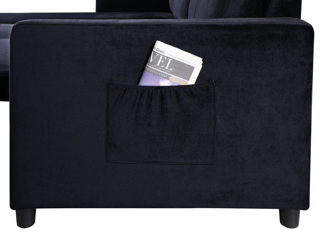 Willow & Hearth Ivy 81.5"W Black Velvet Reversible Sleeper Sectional Sofa with Storage Chaise and Side Pocket - Image 5