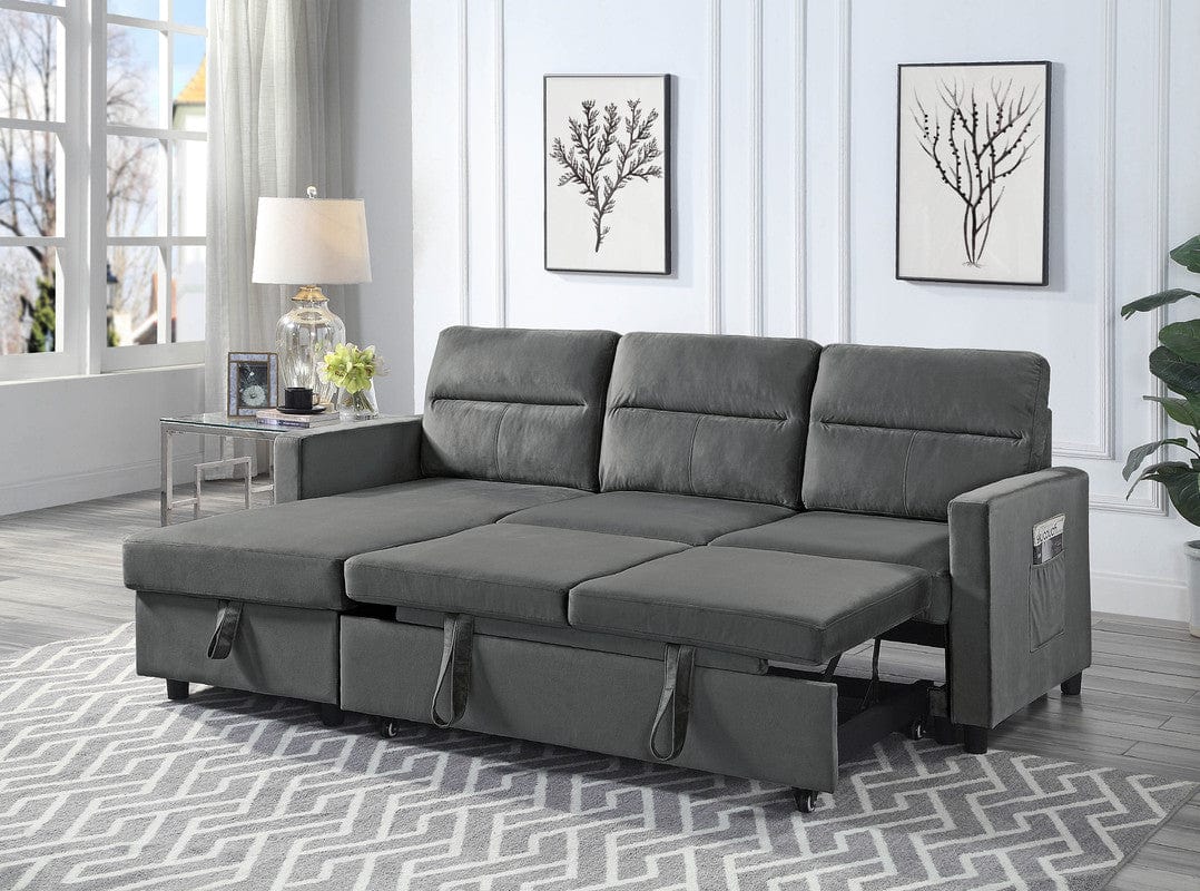 Willow & Hearth Ivy 81.5"W Dark Gray Velvet Reversible Sleeper Sectional Sofa with Storage Chaise and Side Pocket - Image 3