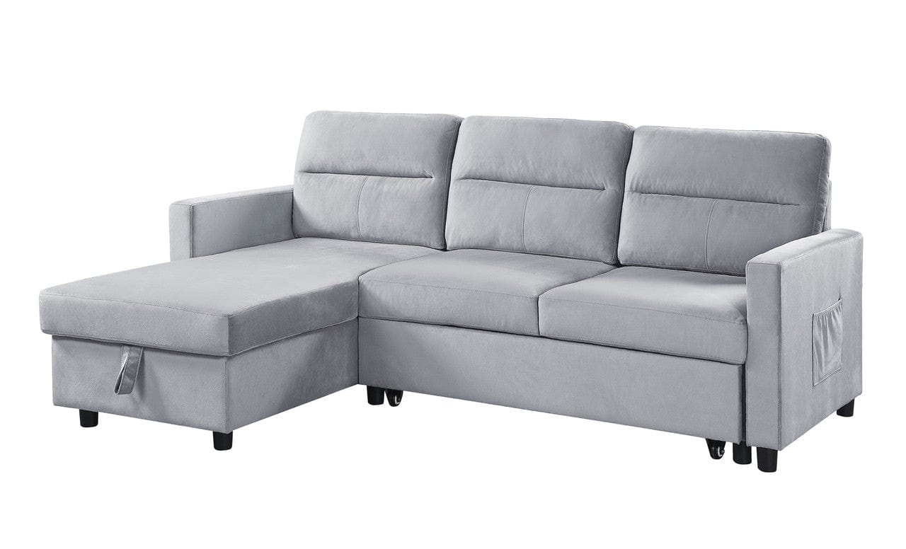 Willow & Hearth Ivy 81.5"W Light Gray Velvet Reversible Sleeper Sectional Sofa with Storage Chaise and Side Pocket - Image 2