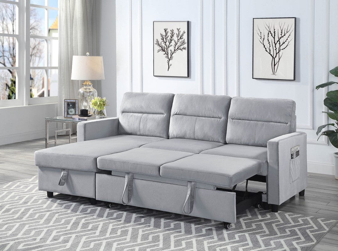Willow & Hearth Ivy 81.5"W Light Gray Velvet Reversible Sleeper Sectional Sofa with Storage Chaise and Side Pocket - Image 3