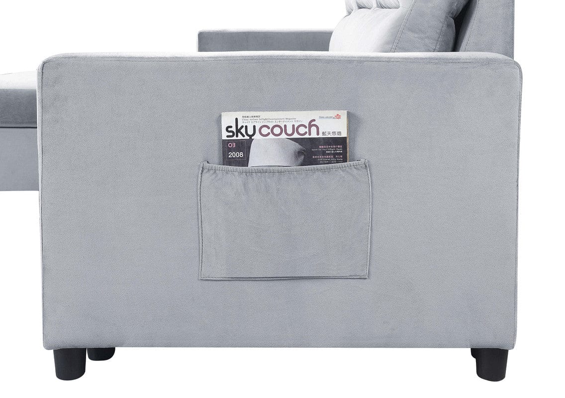 Willow & Hearth Ivy 81.5"W Light Gray Velvet Reversible Sleeper Sectional Sofa with Storage Chaise and Side Pocket - Image 5