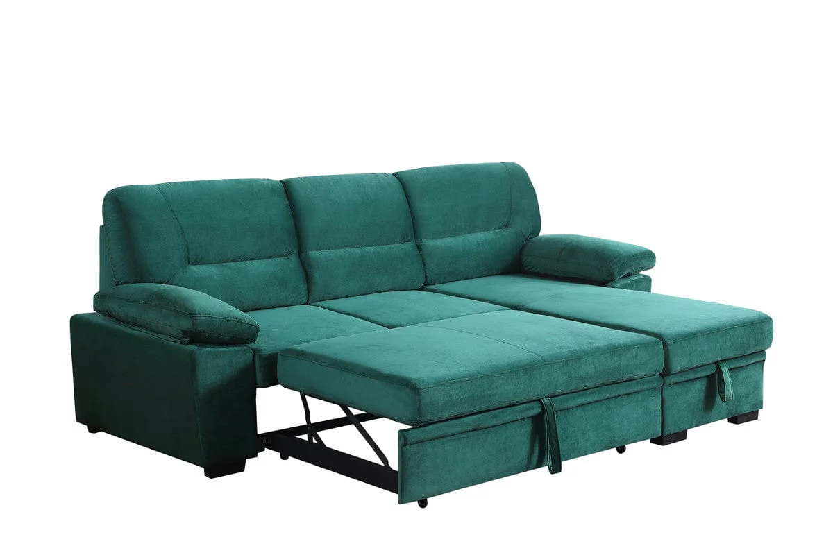 Willow & Hearth Kipling 97.5"W Green Velvet Fabric Reversible Sleeper Sectional Sofa Chaise - Image 3
