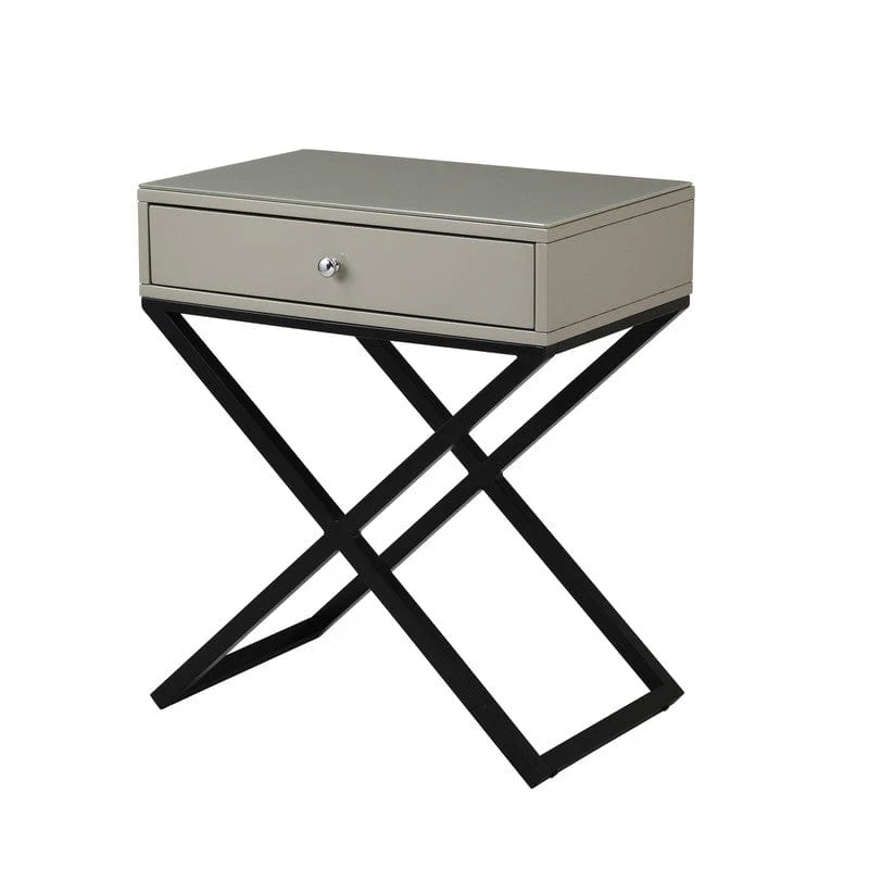 Willow & Hearth Koda 23"W Taupe Wooden End Side Table Nightstand with Glass Top, Drawer and Metal Cross Base - Image 2