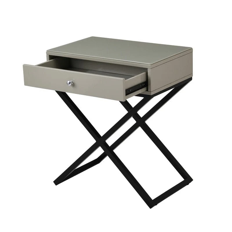 Willow & Hearth Koda 23"W Taupe Wooden End Side Table Nightstand with Glass Top, Drawer and Metal Cross Base - Image 5