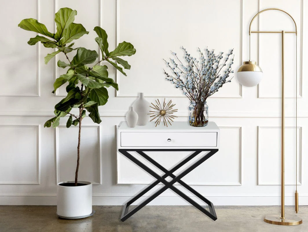 Willow & Hearth Koda 23"W White Wooden End Side Table Nightstand with Glass Top, Drawer and Metal Cross Base