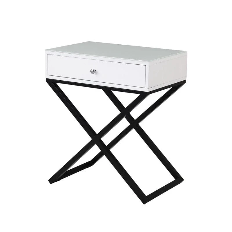 Willow & Hearth Koda 23"W White Wooden End Side Table Nightstand with Glass Top, Drawer and Metal Cross Base - Image 2