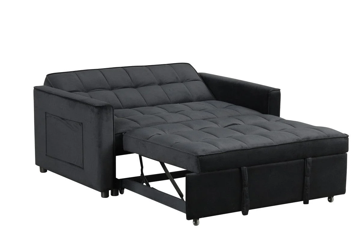 Willow & Hearth Maeve 53.5"W Black Velvet Convertible Sleeper Loveseat with Tufting and Side Pockets - Image 5