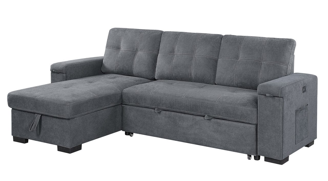Willow & Hearth Toby 95"W Gray Woven Fabric Reversible Sleeper Sectional Sofa with Storage Chaise Cup Holder Charging Ports and Pockets - Image 2